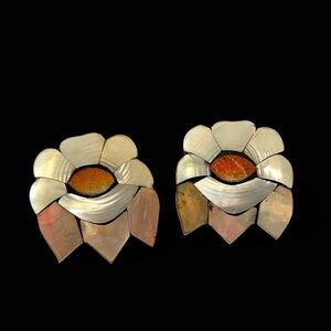 Vintage Capiz Shell MOP Inlaid Lotus Flower Earrings